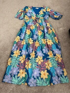 Listicle Tropical Floral Maxi Dress in Teal & Yellow
